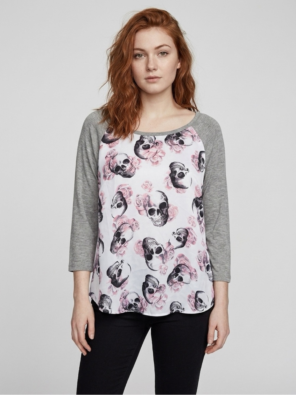 torrid Pink & Gray Skull Rose Raglan Long Sleeve Tee